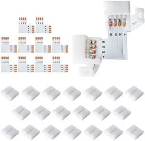 JACKYLED 20Packs L Shape 4-Pin LED Connectors with 22Pcs Clips 10mm for Strip Lights - 10mm 4pin JACKYLED 20Packs L Shape 4-Pin LED Connectors with 22Pcs Clips 10mm for Strip Lights - 10mm 4pin