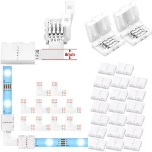 Ledagic L Shape LED Strip Connectors 10-Pack with 20Pcs Clips, Unwired Solderless LED Light Connectors for 8mm Wide 4-Pin Strip Lights