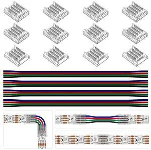 BTF-LIGHTING 4 Pin 10mm 0.39in Width Transparent Connector Kit,4pcs Gapless Solderless 8pcs Corner Connectors,4pcs 5.9in Long 22AWG Extension Wires,Support WS2815 WS2813 etc SMD LED Strip