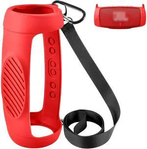 Silicone Case Cover for JBL Charge 5 Waterproof Portable Bluetooth Speaker, Travel Carrying Protective Gel Soft Skin, Waterproof Rubber Pouch with Shoulder Strap and Carabiner - Red