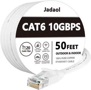 Jadaol Cat 6 Ethernet Cable 50 ft, Outdoor & Indoor 10Gbps Support Cat8 Cat7 Network, Flat RJ45 Internet LAN Computer Patch Cable for Router, Modem, Switch, Gaming Consoles, Streaming Devices, White