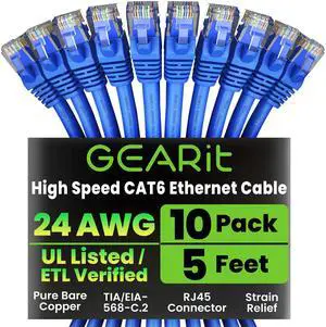 GearIT Cat 6 Ethernet Cable Pack - 10-Pack 5 ft Cat6 Ethernet Patch Cables | RJ45 Network Patch Cable, 10 Gbps Snagless Gold-Plated Connectors - Ethernet Cable Cat 6 for PC, TV, Router - Blue