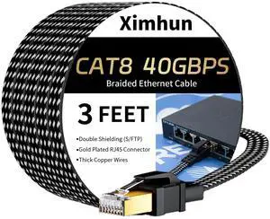 Cat 8 Ethernet Cable 3FT, 6FT 10FT 15FT 20FT 25FT 30FT 40FT 50FT 60FT 75FT 100FT High-Speed Braided Internet Cable Network Cord with RJ45 Connector 40Gbps 2000Mhz Heavy Duty LAN Cable Shielded Indoor