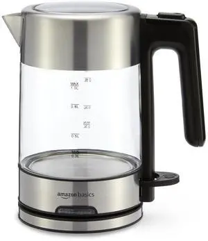Amazon Basics Electric Kettle with Glass Carafe for Tea and Coffee, BPA-Free, Fast Boiling, Auto Shut-Off, 1.1 Quarts, 1500W, Glass and Steel