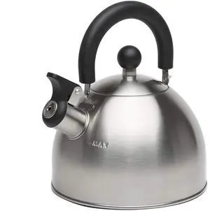 Primula Stewart Whistling Stovetop Tea Kettle Food Grade Stainless Steel, Hot Water Fast to Boil, Cool Touch Folding, 1.5-Quart, Brushed with Black Handle