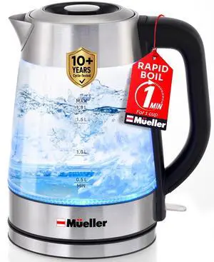 Mueller Rapid Boil Electric Tea Kettle 1.8L  Borosilicate Glass & Stainless Steel  BPA-Free Hot Water Boiler, LED Light, Auto Shut-Off, Boil Dry Protection Fast Water Heater  Kitchen Appliances
