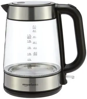 Amazon Basics Electric Kettle with Glass Carafe for Tea and Coffee, BPA-Free, Fast Boiling, Auto Shut-Off, 1.8 Quarts, 1500W, Black and Silver