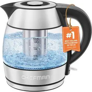 CHEFMAN Electric Kettle - 1.2L 1500W Hot Water Tea Pot with Infuser, BPA Free, Auto Shut Off, Boil-Dry Protection, Removable Lid, LED Light, Cordless Glass Electric Tea Kettle  Stainless Steel