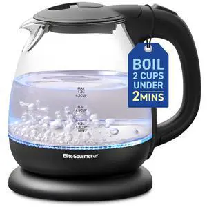 Elite Gourmet EKT1001 Electric 1.0L BPA-Free 1100W Glass Kettle Cordless 360° Base, Stylish Blue LED Interior, Handy Auto Shut-Off Function  Quickly Boil Water For Tea & More, Black