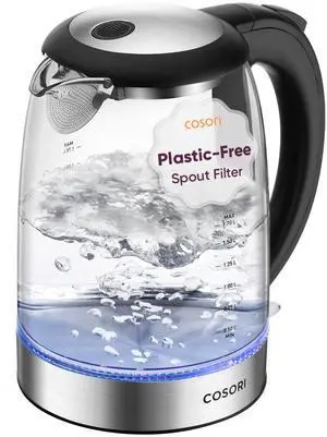 Cosori Electric Kettle, No Plastic Filter & Spout, 1.8Qt Tea Kettle & Hot Water Boiler For Coffee & Tea, Water Heater & Teapot, Automatic Shut Off, Borosilicate glass, Black, 1500W