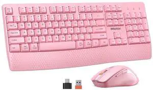 MEETION Wireless Keyboard and Mouse, Full-Sized Cordless Keyboard with Wrist Rest and 3 DPI Adjustable Mouse, Keyboard and Mouse Set with 2.4GHz USB Receiver, for PC/Computer/Laptop/Windows/Mac, Pink