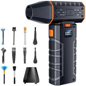 Compressed Air Duster - 100 - Gear Adjustable 130,000 RPM Rechargeable Cordless Electric Air Duster with Display Screen, Mini Dust Blower for Computer, Keyboard, Home, Car Cleaning (Black + Orange)