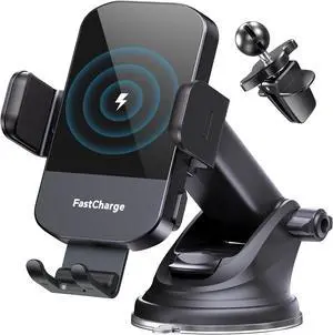 CHGeek Wireless Car Charger, 15W Fast Charging Auto Clamping Car Charger Phone Mount Phone Holder fit for iPhone 16 15 14 13 12 Pro Max 11 XR XS, Samsung Galaxy S24 Ultra S23 S22 S21, S20, S10+, Black