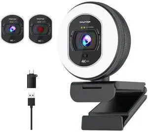 4K Webcam with Ring Light Web Cam 4K Autofocus with TOF Computer Camera 1080P 60FPS Web Camera Built-in Privacy Cover and Microphone Streaming Webcams for Switch 2/Zoom/Skype/Google Meet Black