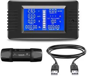 TKXEC DC 8-120V 0-100A Battery Monitor Digital Current Voltage Power Energy Meter Multimeter Ammeter Voltmeter with 100A Current Shunt