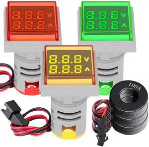 DROK AC Volt Amp Tester, 3pcs AC 60-500V 100A Voltage Current Monitor Digital LED Display Voltmeter 110v 220v Volt Detetor Green Red Yellow Signal Indicator Light Panel