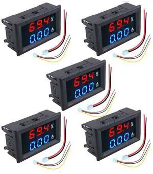 diymore 5PCS 0.28" Volt Amp Meter Digital Voltmeter Ammeter DC 100V 10A Waterproof Dual Display Current Voltage Meter Mini Ammeter Voltmeter 3 Bits Dual LED Display Panel(Red-Blue)