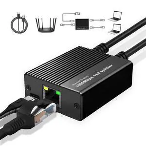 Critin Ethernet Splitter 1 to 2 1000Mbps, Either Network Splitter with USB Power 1 in 2 Out Gigabit Dual LAN RJ45 Port Router Switch Work with Cat6/7/8 Cable [2 Devices Simultaneously Networking]