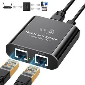 AILVLVNG Ethernet Splitter 1 to 2 1000Mbps Internet Cable Splitter 1 in 2 Out High Speed Either Network Splitter Gigabit Dual LAN RJ45 Port Router Switch Work with Cat6/7/8 Cable