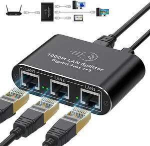 AILVLVNG Ethernet Splitter 1 to 3 1000Mbps Internet Cable Splitter 1 in 3 Out High Speed Either Network Splitter Gigabit Dual LAN RJ45 Port Router Switch Work with Cat6/7/8 Cable