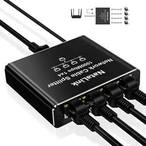 NataLink Ethernet Splitter 1 to 4 Network Cable Splitter 1000Mbps High Speed RJ45 Internet Splitter Adapter with USB Power Cable for Cat 5/5e/6/7/8 Cable