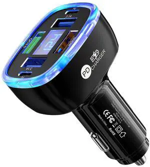 UnigilixMulti-Port Smart Car Charger with Digital Display Super/PD/3 USB Output Compact Fire-Proof PC Design Supports one Fast Charger