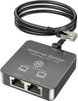 KiWiBiRD Ethernet Splitter 1 to 2 Ethernet Cable Splitter Internet Switch 2 Port Network Gigabit LAN RJ45 1000Mbps 1 in 2 Out Compatible with Cat 8 7 6 5 5e, Router PC Laptop Printer PS5 PS4 TV Box