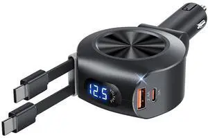 Retractable Car Charger, KOOPAO 69W 4 in 1 Fast Phone Car Charging Adapter, Multi USB C PD and Apple Retractable Cables Cord Compatible with iPhone 16/15/14/13/12/11/Pro Max (Double USB C Cord)