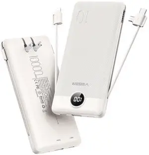 VEGER Portable Charger with Built-in AC Plug and Cables, All in One 10000mAh Ultra-Slim Power Bank, 15W Fast Charging for iPhone, Samsung, Android, Travel Essential (Coffee)