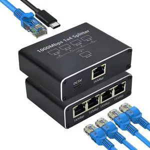 Gigabit Ethernet Splitter 1 to 4, Upgraded RJ45 Network Splitter 4 Way 1000Mbps, Premium Cat5/6/7/8 Cable LAN Splitter for 4 Network Devices Work Simultaneously