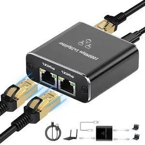 Gigabit Ethernet Splitter 1 to 2, 1000Mbps Ethernet Splitter High Speed -2 Devices Simultaneously Networking,Either Internet Splitter with USB Power Cable, RJ45 LAN Splitter for Cat 5e/5/6/7/8 Cable