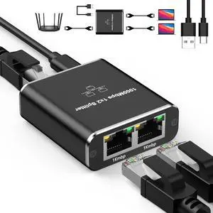 Gigabit Ethernet Splitter 1 to 2, 1000Mbps High Speed Network Splitter with USB Power Cable, RJ45 Internet Extension Adapter for Cat 8/7/6/5e/5 Cable [2 Devices Networked Simultaneously]