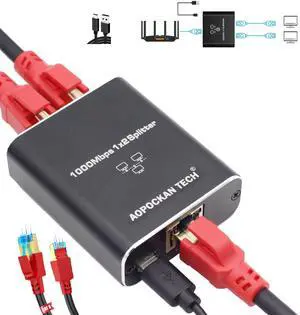 Ethernet Splitter 1 to 2,Gigabit Ethernet Splitter 1000Mbps High Speed with Cat8 Ethernet Cable 1.5ft,LAN RJ45 Splitter with USB Power Cable for Cat5/6/7/8 Cable[2 Devices Simultaneously Networking]