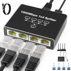 Internet Splitter 1 in 4 Out, Gigabit Ethernet LAN Splitters High Speed 1000Mbps RJ45 Ethernet Switch for Cat8/7/6/5e/5 Cable [4 Devices Simultaneous Networking]