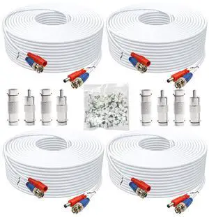 Aimyzii BNC Cable 30ft 4 Pack BNC Video Power Cable,Security Camera Cable for CCTV Camera DVR Security Systems(Included 8X BNC Adapters,100 Pcs Cable Clips)-White