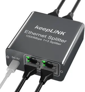 keepLiNK Gigabit Ethernet Splitter 1 to 3, Network Splitter with USB Power Cable, 1000Mbps RJ45 Internet Adapter 1000Mbps High Speed for Cat 5/5e/6/7/8 Cable Metal Case