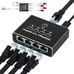 Ethernet Splitter 1 to 4, 1000Mbps High-Speed Internet Splitter, Gigabit RJ45 Port Router Switch, LAN-Splitter, Supporting Simultaneous Networking of 4 Devices, Applicable to Cat5/5e/6/7/8 Cable
