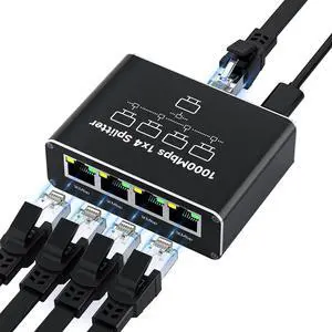Ethernet Splitter 1 to 4 1000Mbps High Speed Either Network Splitter Internet Cable Splitter 1 in 4 Out Gigabit Dual LAN RJ45 Port Router Switch Work for Cat 5/5e/6/7/8 Cable