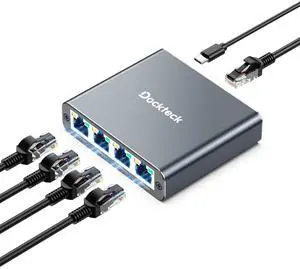 Ethernet Splitter 1 to 4 1000Mbps, Dockteck Internet Cable Splitter 1 in 4 Out High Speed Switch Network Gigabit for LAN RJ45 Port Router Switch Work with Cat5/5e/6/7/8 Cable (Silver Grey)