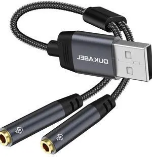 DUKABEL USB Audio Splitter, USB to 3.5mm Audio Jack Adapter with Dual TRRS 4 Pole Jacks, USB Aux Stereo Splitter for PC, Laptop, Mac, Desktops, Linux, PS4, PS5 and More(Grey)