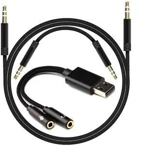 EBEETECH USB to Dual 3.5mm Audio Jack Adapter, Mic-Supported Headphone Adapter for Two Headphones, Speakers to Laptop, with 3-Pole 3.5mm Jack Audio Cables (20cm&100cm) [3 Pack], Black