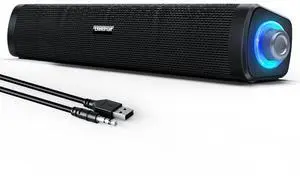 Uakinat USB Computer Speakers,Computer Speakers with 3.5 mm aux,Wired USB Powered & Colorful LED Lights with Switch Button,Surround Sound Portable SoundBar for Monitor Laptop Phone(Black)