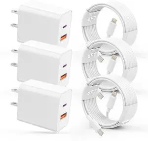 USB C Charger iPhone Charger Fast Charging 3Pack 20W PD+QC3.0 USB A Dual Port Wall Charger Block with 6FT USB C to Lightning Cable Compatible with iPhone 14 Pro Max/13Pro/12/11/XS/XR/X