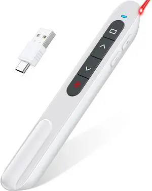 White USB C Presentation Clicker, Volume Control Wireless Presenter, RF 2.4GHz Presentation Remote PowerPoint Clicker Slide Advancer Pointer for Classroom/Office/Mac/PC