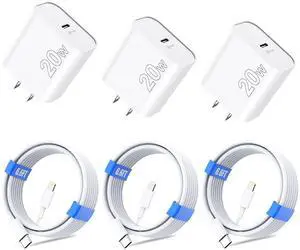 for iPhone 14 13 12 11 Charger Fast Charging [MFi Certified], 3-Pack 20W PD USB C Wall Charger Block with 6.6ft USB C to Lightning Cable Compatible with iPhone 14 Pro Max/Pro/Plus/Mini/iPad & More