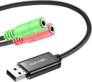 DuKabel USB to 3.5mm Jack TRS AUX Adapter for Built-in USB Sound Card with Separate Plug TRS 3 Pole Microphones [Metal Housing & Durable Braided / 9.8inch]