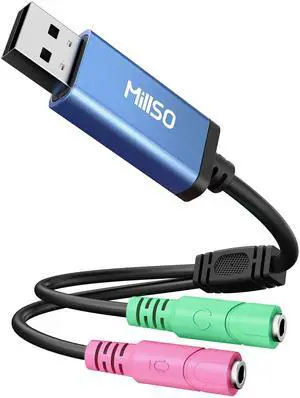 MillSO USB Audio Adapter Stereo External Sound Card, USB to 3.5mm TRS Headphone + Microphone Audio Jack Splitter for Dual-Plug Gaming Headset to Laptop, Desktop, PC, PS4, PS5 [Built_in Chip - 1 FT]