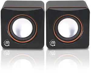 Manhattan USB Powered Stereo Speaker System - Small Size - with Volume Control & 3.5 mm Aux Audio Plug to Connect to Laptop, Notebook, Desktop, Computer - 3 Yr Mfg Warranty - Black Orange, 161435