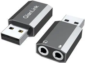 QianLink USB to 3.5mm Audio Adapter (2-Pack),External Stereo Sound Card with Dual TRS 3-Pole 3.5mm Headphone and Microphone Jack for PS4/PS5/PC/Laptop, Built-in Chip Mic-Supported Headphone Adapter