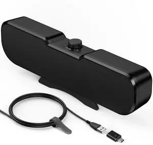 Computer Speakers for Desktop PC Monitor, Easy Volume Knob, Sturdy Clamp, Basic Sound, Laptop Speakers with Compact Design, USB/USB C Adapter for Power and Audio(Black)